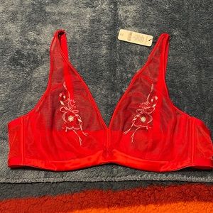 Understance sheer plunge bra with embroidery goji berry! Red size 38B (or 36B)